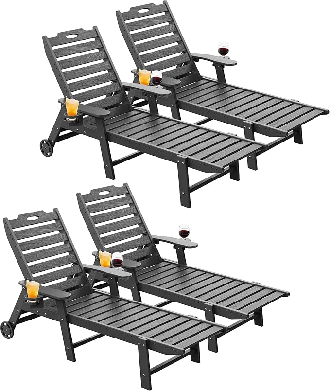 Carauci Lounge Chair Outdoor Set of 4, HDPE Chaise Lounge with Wheels, 5-Position Adjustable Backrest & 2 Cup Holders Patio Lounge Chair, All-Weather Pool Sun Lounger for Poolside, Backyard, Black