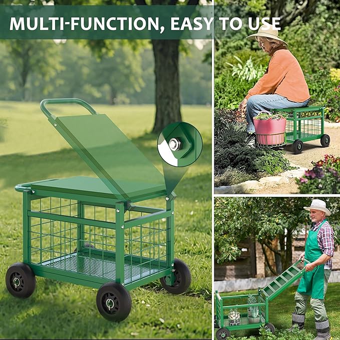 FLINTER Rolling Garden Work Seat with Wheels, Upgraded Heavy Duty Gardenning Cart with Seat - Garden Rolling Stools with Wheels for Seniors, Lawn, Patio & Backyard Gardening, Green