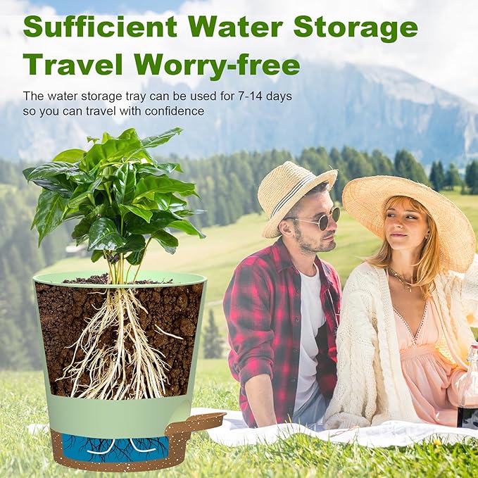Self Watering Pots, 7/6.5/6/5.5/5/4 inch Flower Pots with Multi Mesh Drainage Holes, Small Platic Planters for Indoor Outdoor Garden Plants and Flowers (Green with Brown Tray, 7"+6.5"+6"+5.5"+5"+4")