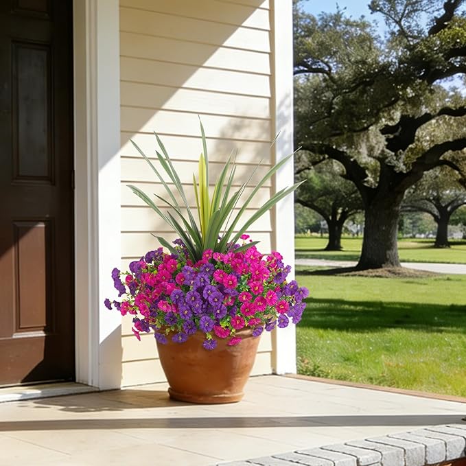 Artificial Flowers for Outdoors Fake Plants Outside, 12 Bundles Silk Morning Glory with Eucalyptus + Orchid Leaf UV Resistant Realistic Faux Flowers for Porch Planter Garden Patio (Purple Fuchsia)