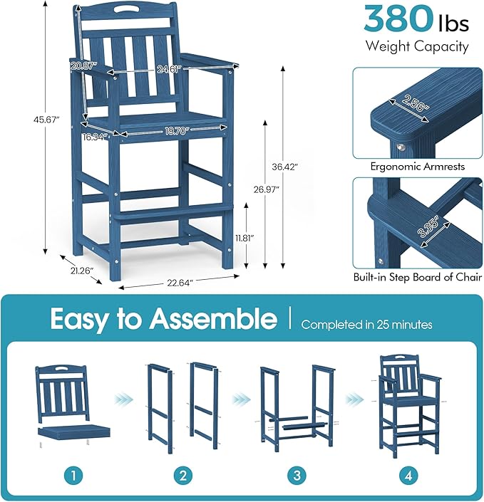 Ciokea Heavy Duty Bar Height Chair, 380lbs Outdoor Adirondack Tall Bar Chair Patio Stool with Arms & High Back, Heavy Duty All-Weather for Balcony, Poolside, Deck and Garden, Navy Blue
