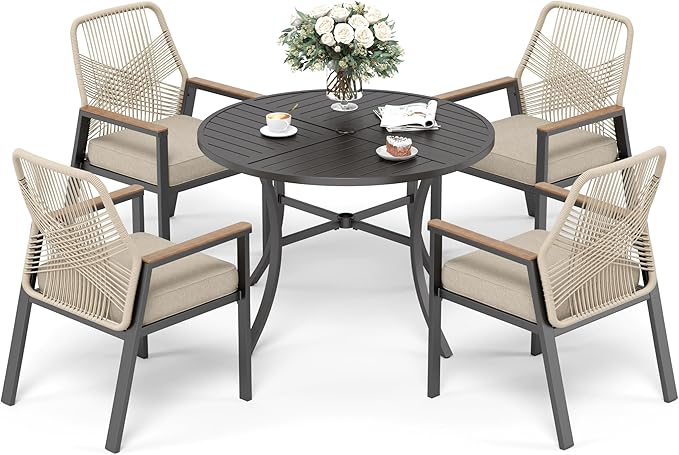 5 Pieces Patio Dining Set, 4 x Woven Rattan Chairs with Waterproof Cushion, 42” Metal Round Dining Table with Umbrella Hole, Outdoor Table and Chairs Set for Backyard Lawn and Deck, Beige