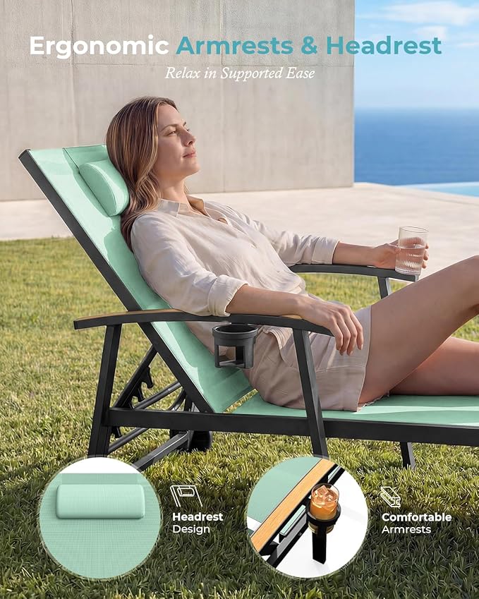 Ciokea Outdoor Lounge Chair with Pillow Set of 2, 5-Position Aluminum Chaise Lounge with Wheels & Armrests, 400 lbs Heavy Duty Patio Pool Chair for Backyard, Deck, Beach & Poolside, Light Green