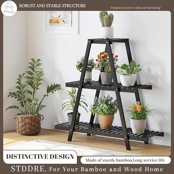 Plant Stand For Indoor Outdoor Tiered Plant Shelf 3 Tier 8 Potted Bamboo Flower Holder Ladder Rack For Multiple Triangle Table Plant Pot Stand (Black)