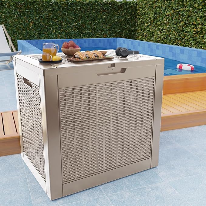 31 Gallon Outdoor Deck Box, Lockable Waterproof Outdoor Storage Boxes For Garden Tools,Indoor Cushions,Accessories Outside Storage Resin Weatherproof Container(Grey)