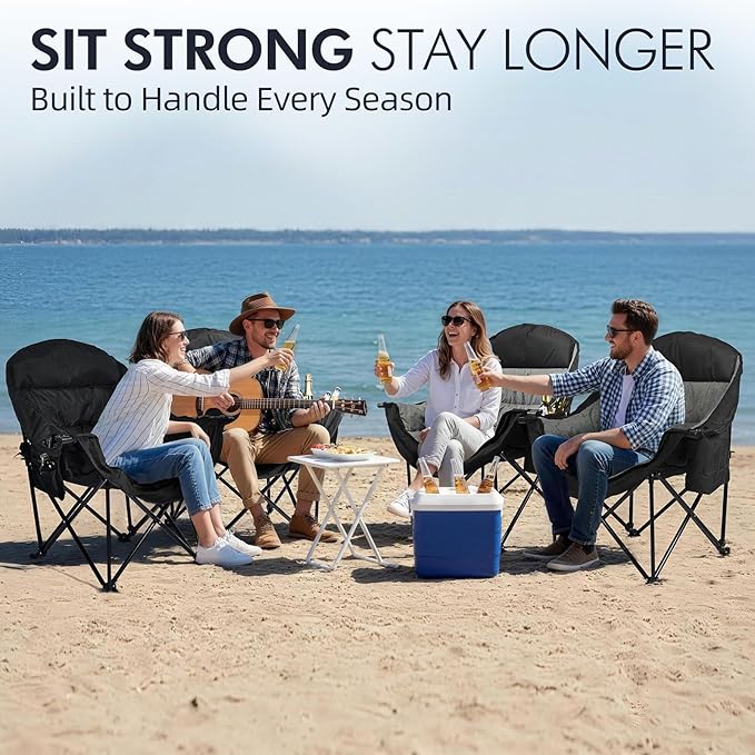 Oversized Camping Chair for Adults - Heavy Duty Outdoor Padded Large Lawn Camp Chair with Cup Holder Cooler Pockets for Sports Beach Fishing Garden Portable Supports 500lbs, AllBlack 2 Pack