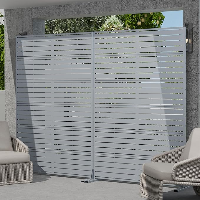 Casaphoria Metal Privacy Screen Outdoor, 72" H x 47" W Freestanding Decorative Privacy Screen for Patio Deck Balcony Garden with Stable Base, Grey-Louvered