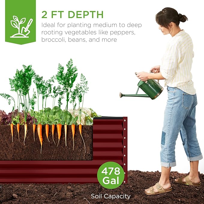 Best Choice Products 8x4x2ft Outdoor Metal Raised Garden Bed, Deep Root Planter Box for Vegetables, Herbs & Flowers, 478-Gallon Capacity, 100% Non Toxic Materials - Royal Red