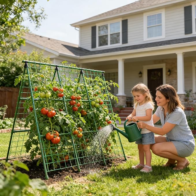 Miory Cucumber Trellis for Raised Beds, 48 x 48 Inch Metal A-Frame Garden Trellis for Climbing Plants Outdoor with Climbing Net, Plant Support for Cucumber Tomato Bean Pea