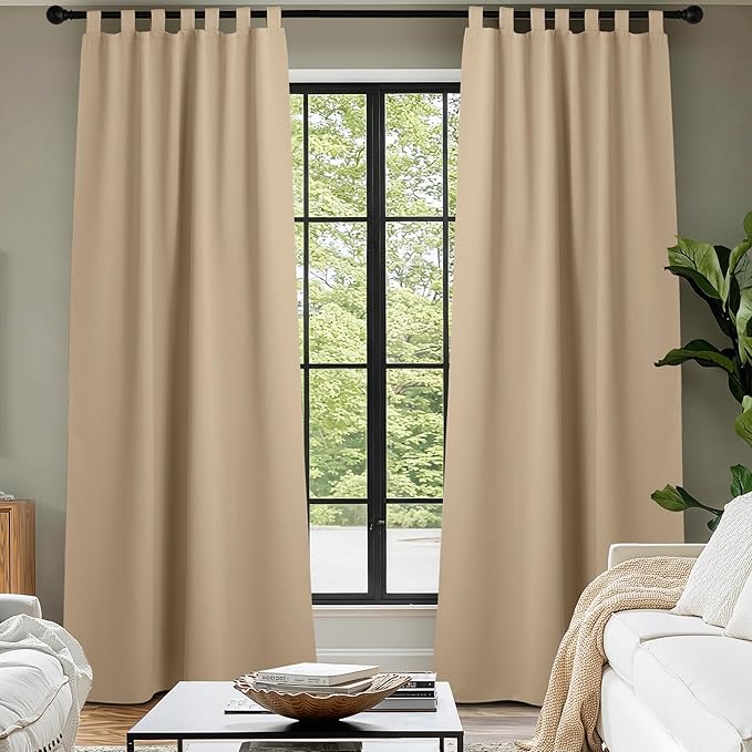 NICETOWN 2 Panels Outdoor Curtains for Patio Waterproof 84" Long, Detachable Sticky Tab Top Thermal Insulated Privacy Sun Blocking & UV Protection Drapes for Porch/Pergola, Biscotti Beige, W52 x L84