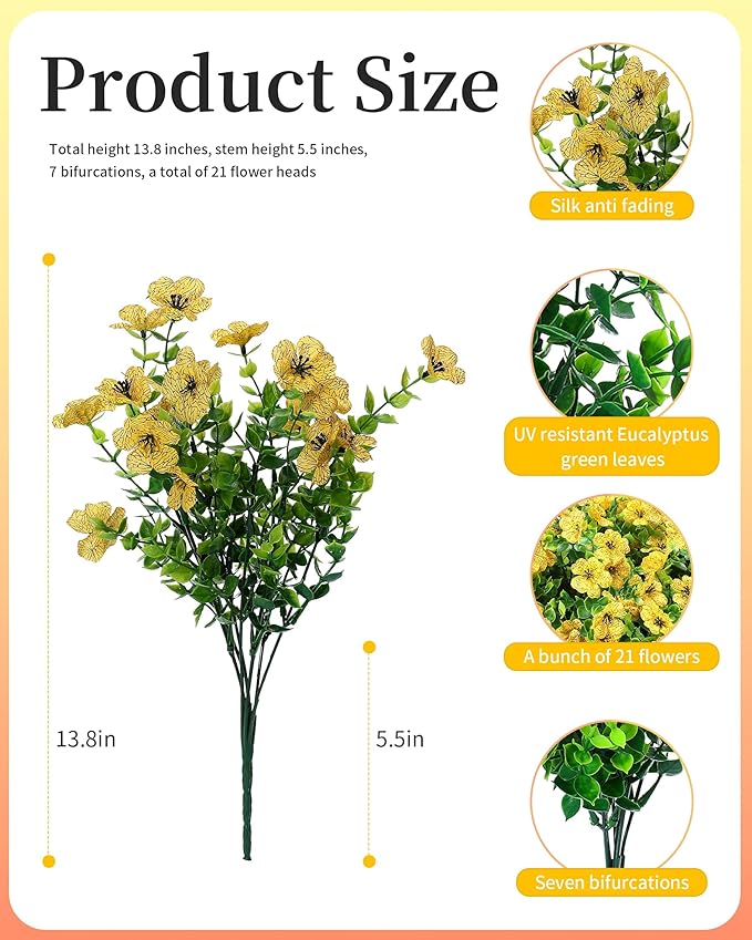 JAKY-Global Artificial Flowers for Outdoors Faux Outside Plants Spring Summer Decorations 16 Bundles UV Resistant Silk Daisy Fake Eucalyptus Realistic Yard Porch Patio Window Planter Box Decor-Yellow