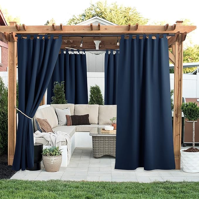 NICETOWN 2 Pieces Blackout Outdoor Curtainss for Patio Waterproof, Detachable Sticky Tab Top Thermal Insulated Outdoor Indoor Drapes Privacy Blinds for Pergola, W52 x L120, Navy Blue