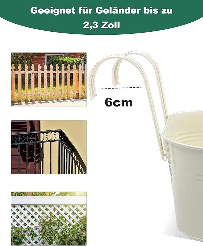 Metal Railing Planters for Outdoor Plants - 3 Pcs Balcony Hanging Flower Pots with Detachable Hooks & Drain Holes, Windowsill Oval Hanging Bucket Pots Fence Planters for Garden Home Decor, Cream White