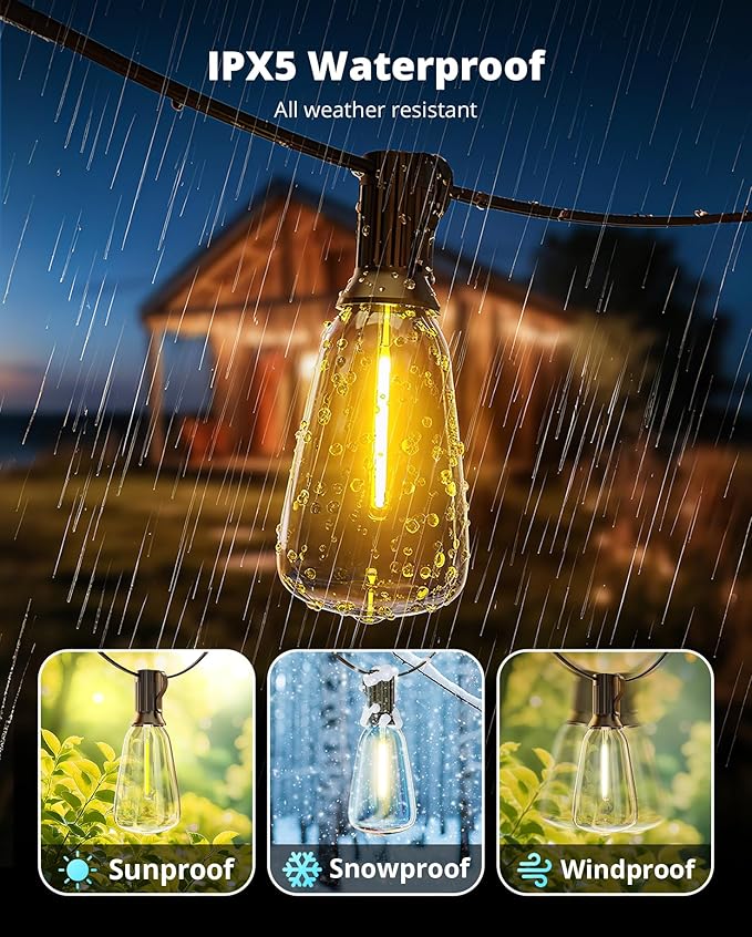VIPAR Outdoor String Lights 60FT LED Patio Lights LED Waterproof with 26+2 Shatterproof ST38 Edison Bulbs, 2700K Connectable Outside Hanging Light for Porch, Garden, Backyard, Deck, Balcony, Decor