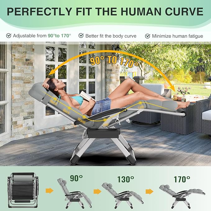 Suteck Oversized Zero Gravity Chair,33In XXL Outdoor Recliner Chair w/Removable Cushion&Headrest, Camping Lounge Chair w/Upgraded Lock&Footrest, Reclining Patio Chairs for Indoor Outdoor,500LBS