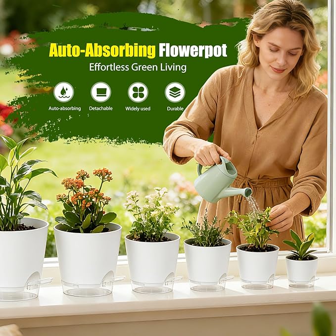 Plant Pots 4/5/5.5/6/6.5/7/8 Inch Self Watering Pots, 7 Pack Plastic Planters with Drainage Holes and Clear Saucers,Plastic Flower Pots,Nursery Planting Pot for Indoor Out Door Plants(White)