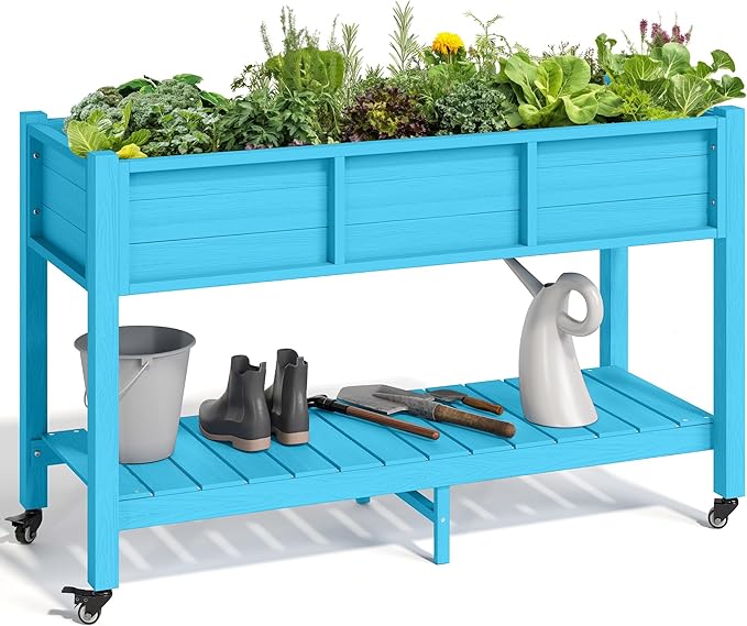 YITAHOME Raised Garden Bed HDPE, 47x18x31In Raised Flower Bed Poly-Wood Weather-Resistant Elevated Planter Box with Lockable Wheels & Storage Shelf for Vegetable Flower, Aruba Blue