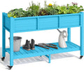 YITAHOME Raised Garden Bed HDPE, 47x18x31In Raised Flower Bed Poly-Wood Weather-Resistant Elevated Planter Box with Lockable Wheels & Storage Shelf for Vegetable Flower, Aruba Blue