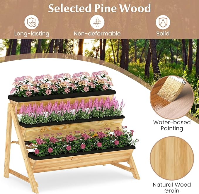 Giantex 3-Tier Vertical Raised Garden Bed, Wood Elevated Planter Box with Legs, Storage Shelf, Liners for Growing Vegetables Herbs Flowers, Indoor Outdoor Freestanding Raised Bed for Patio (Natural)