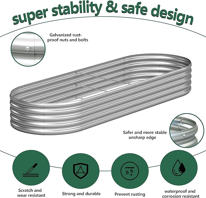 2PCS 8x2x1FT Galvanized Raised Garden Bed Kit,Vegetable Boxes-Oval Metal Flower Box,Large Planter Raised Beds Outdoor Garden for Planting,Fruit,Herb-Silver