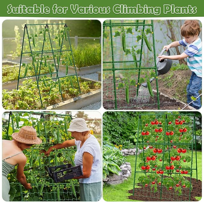 Cucumber Trellis for Raised Beds, 31 X 47 Inch Adjustable Size A-Frame Garden Trellis for Climbing Plant Outdoors with Climbing Net and Plant Support Clip for Vegetable Grape Tomato Garden Supplies