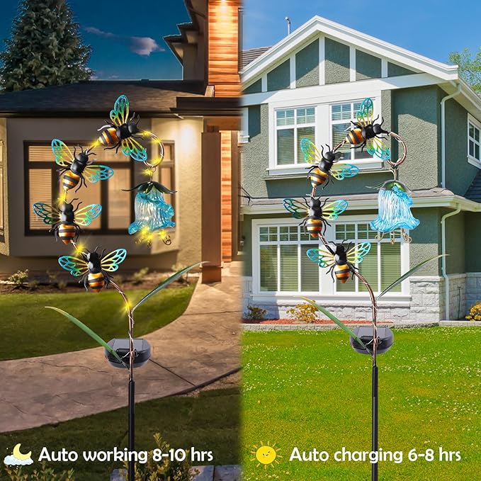 Afirst Decorative Solar Lights Outdoor Solar Bee Stake Light with Glass Flower Metal Decorative Garden Lights Outdoor Waterproof Stakes for Pathway Yard Lawn Decoration Mothers Day Mom Gifts