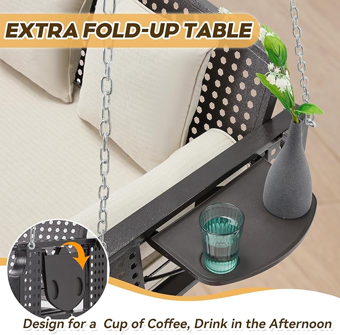 3 Seat Porch Swing, Patio Swing Bench with Cup Holders & 3 Back Cushions, Swing Chair with Chains for Deck Garden Backyard,Beige