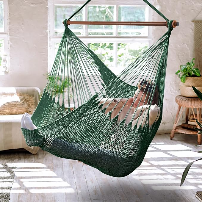 Upgraded Caribbean Hammock Chair with Detachable Metal Bar, Large Hammock Swing Chair, XL Rope Hanging Chair for Outdoor Indoor, 330 LBS Weight Capacity, ForestGreen