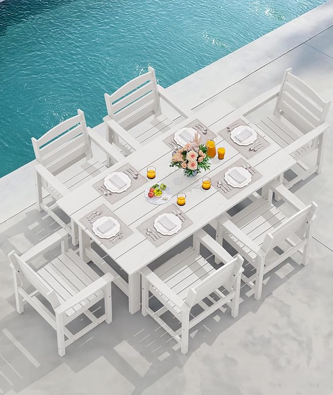 SERWALL 8-Piece Patio Dining Sets with 15FT Double Side Patio Umbrella, Outdoor HDPE Dining Furniture Set with Umbrella Hole Cut-Out Table and 6 Chairs, White（Umbreall Base not Included）