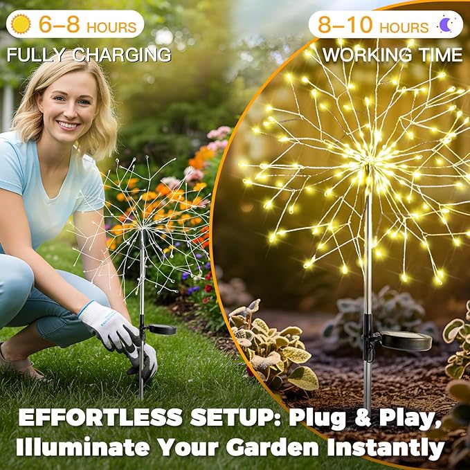 suddus Solar Garden Lights Outdoor Waterproof Decorative, Upgrade 2Pack 150LED Firework Lights, Solar Fairy Lights for Yard, Garden, Party, Patio, Pathway, Flowerbed - Warm White