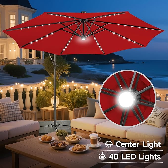 Solar Offset Patio Umbrella - 10 ft Solar Cantilever Umbrella Outdoor with 40 LED Lights and Cross Base, UV Protection for Garden, Deck, Backyard, Pool, Porch (Red)