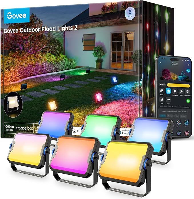 Govee Outdoor Flood Lights 2, RGBIC Warm Cold White LED Lights for Outdoor Decorations, 50 Scene Modes, Landscape Lighting, Upgraded IP66 with App Control, Wired 6 Pack