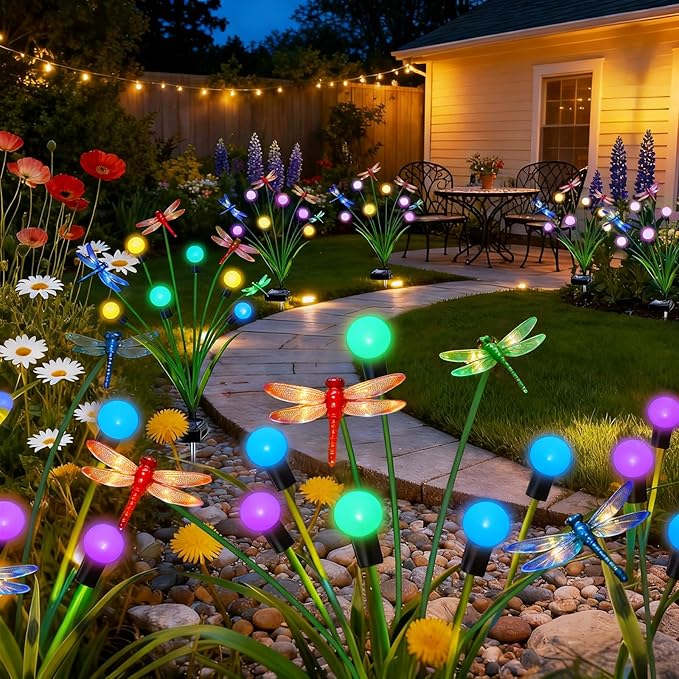 Solar Garden Lights Outdoor - 4 Pack Dragonfly Solar Swaying Light, Sway by Wind, Firefly Lights Outdoor Yard Patio Pathway Decoration, High Flexibility Iron Wire & Heavy Bulb Base(Multicolor)