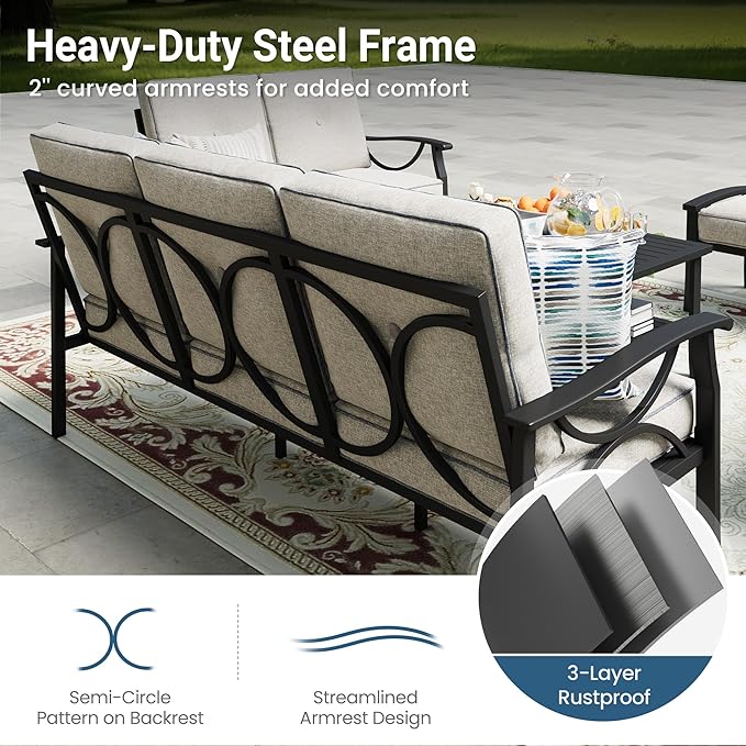 RoyalCraft Outdoor Patio Furniture Set, 3 Pieces Metal Patio Conversation Set with Side Table for Porch Garden Backyard, Black