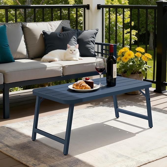 VINGLI Outdoor Folding Coffee Table, Rectangle Drainable Iron Patio Table for Balcony, Porch, and Living Room, Blue