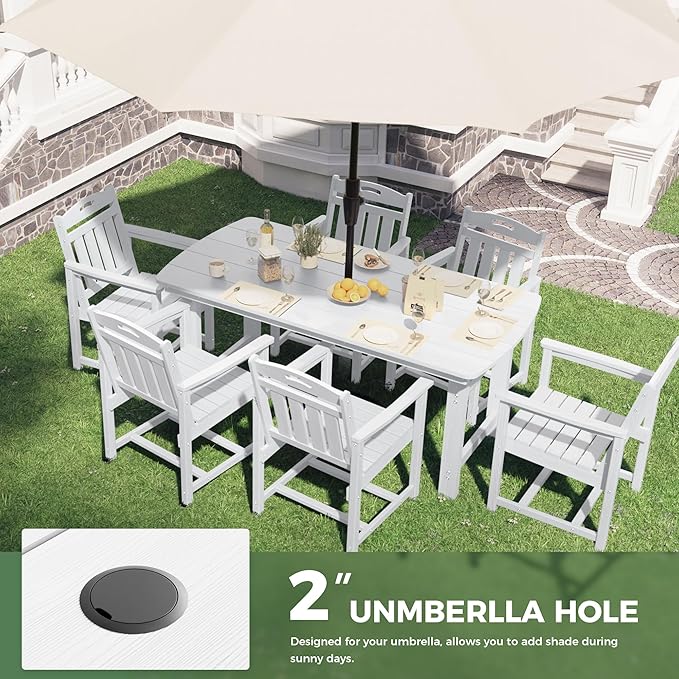 HDPE Outdoor Patio Dining Set with Table & 6 Chairs, All-Weather 7-Piece Outdoor Table and Chairs, 2" Umbrella Hole, Patio Furniture for Garden, Backyard, Deck | White