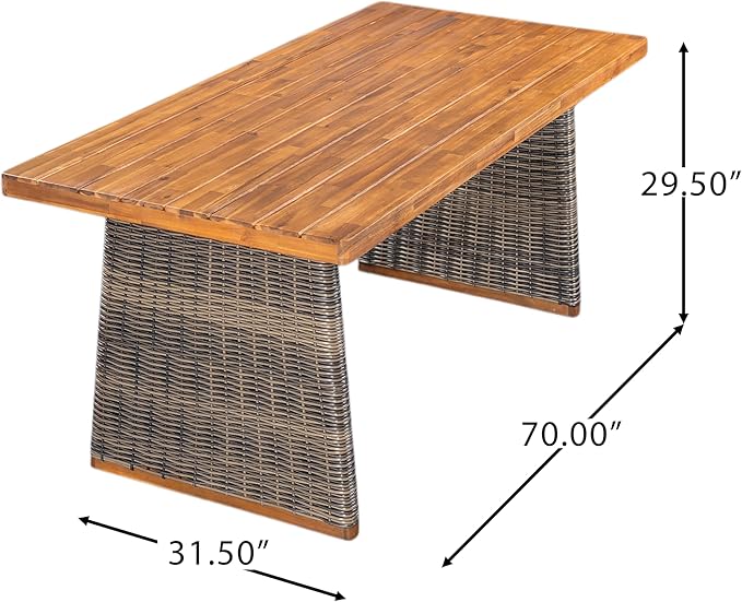 Christopher Knight Home Pasco Acacia Wood Outdoor Dining Table Set for 6, Wicker Patio Dining Set with Acacia Wood Table and Bench, Patio Table and Chair Set with Cushion+Rope Backrest, Teak+Grey