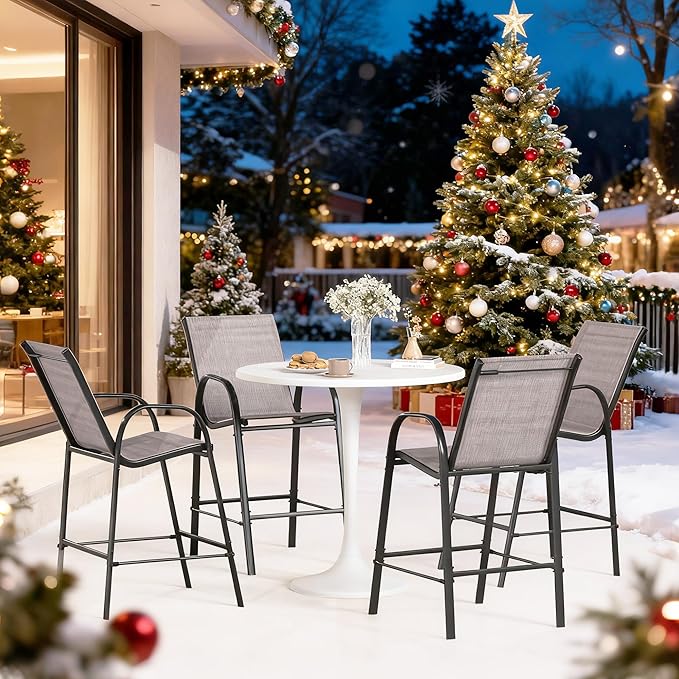 HOMREST Outdoor Bar Height Stools Set of 4,High Back Patio Chairs with Armrests,Textilene Chairs with Breathable Fabric & Metal Frame for All Weather,Taupe
