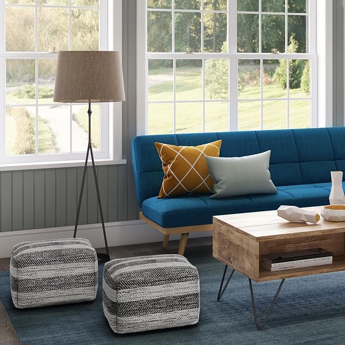 SIMPLIHOME Clay Square Pouf - 18 inch Wide Upholstered Cotton Ottoman in Grey Melange, Boho Footstool, Decorative Cube Pouf or Extra Seating for Living Room, Bedroom, or Kids Room, Assembled