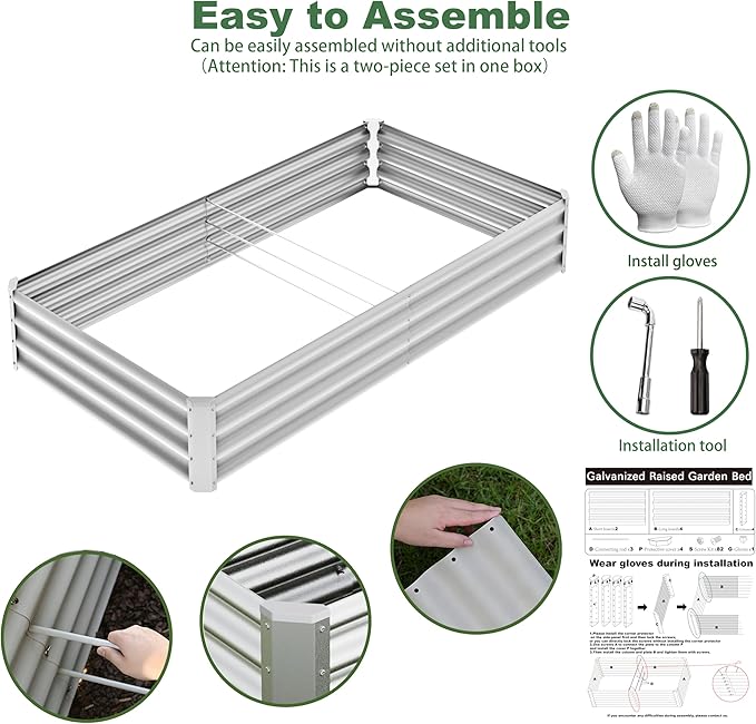 8x4x1ft(2 Pack) Galvanized Raised Garden Bed Kit, Galvanized Planter Garden Boxes Outdoor, Metal Raised Garden Beds for Vegetables,Fruits, Flower,Silver