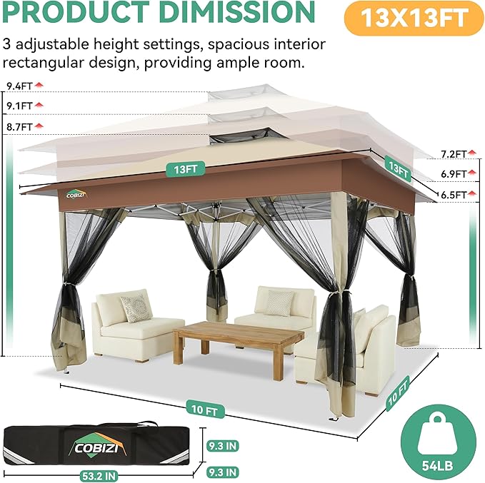 COBIZI 13x13 FT Pop up Gazebo on Clearance - Outdoor pop up Canopy Tent,carpas para Patio, Shelter - Screen Tents with Portable Carry Bag, Patio Gazebos for Camping,Garden,Deck,Backyard,Khaki