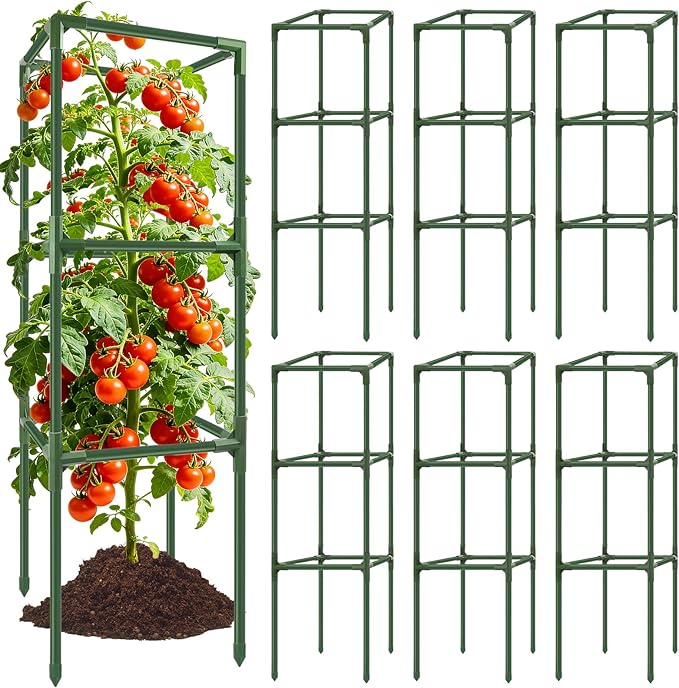 6 Pack Square Tomato Cages, 49.2" Large Upgraded Heavy Duty Steel Tomato Trellis Stakes, Garden Plant Support Cages Kit for Raised Garden Bed, Cucumber Trellis Vegetables and Climbing Plants
