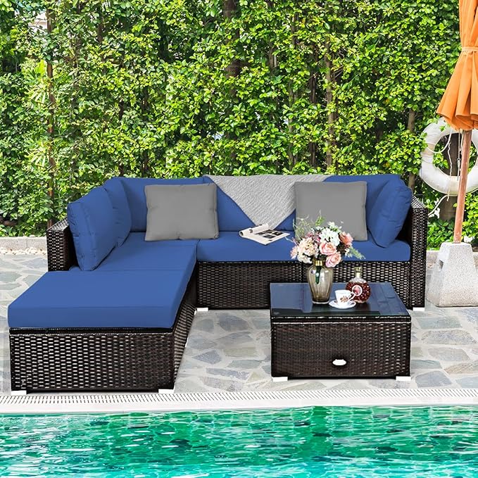 Tangkula 6 Piece Patio Furniture Set, Outdoor Deck Lawn Backyard Durable Steel Frame PE Rattan Wicker Sectional Sofa Set, Conversation Set with Coffee Table (Navy)