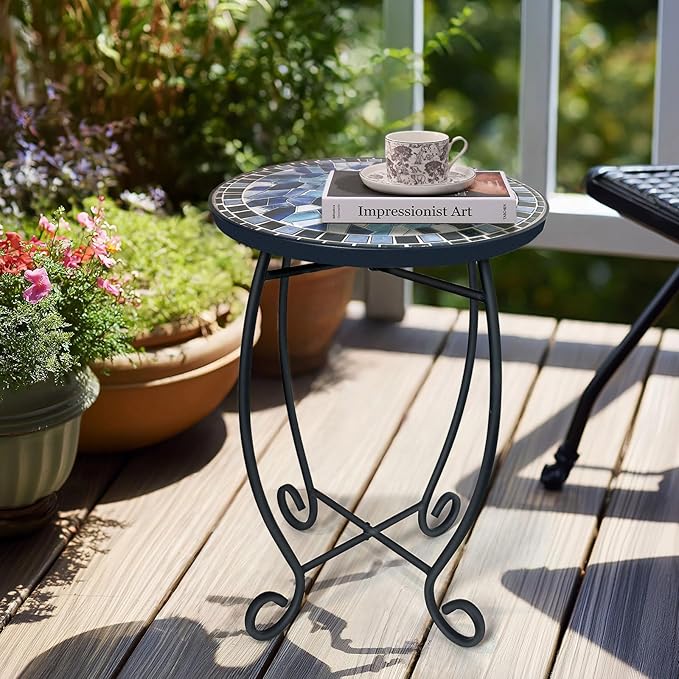 LIFFY Outdoor Side Table,12" Round Ceramic Tile Tabletop Accent Table with Metal Frame, Indoor Small Decorative Plant Stand & End Table for Home, Patio, Garden