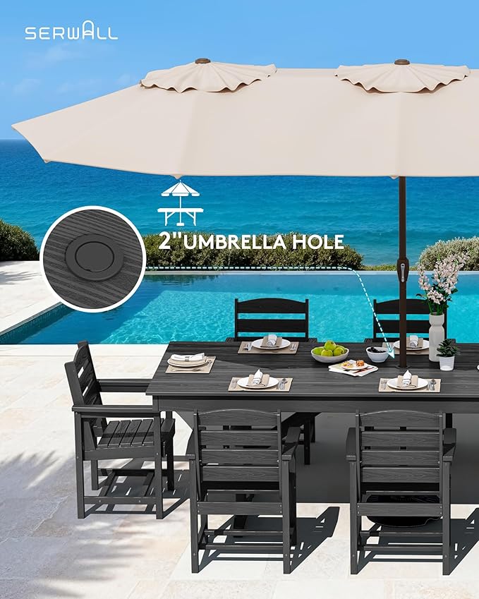 SERWALL 9 Piece Outdoor Dining Set, 84" HDPE Outdoor Table and Chairs for 8，All Weather Patio Furniture Set with Umbrella Hole for Backyard, Garden, Black
