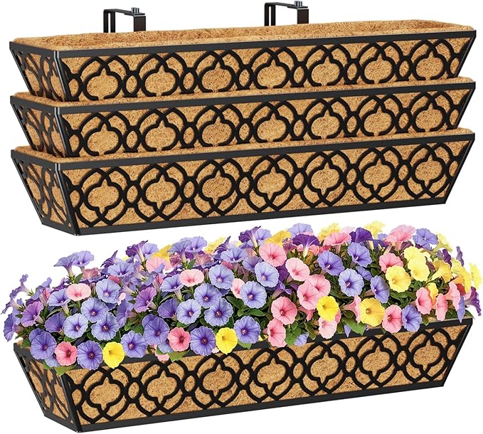 HFHOME 4 Pcs 30" Window Box Deck Railing Planter with Horse Trough Coco Liners, Black Metal Hanging Flower Planters Baskets for Indoor, Outdoor, Balcony, Porch, Fence, Patio, and Lawn