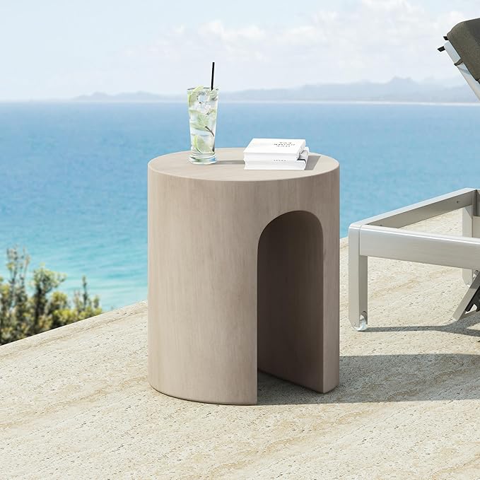Christopher Knight Home Outdoor Round Side Table, U-Shaped Patio Garden Stool Coffee End Table,Decorative Accent Table for Patio,or Balcony,Lightweight Concrete Material,Light Gray