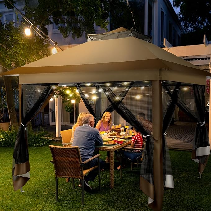 COBIZI 12x12 Pop Up Gazebo On Clearance Canopy Tent- Upgrade Metal Outdoor Canopy Waterproof - Portable Gazebo with Mosquito Nettings, 4 Ropes 8 Stakes and Carry Bag for Patio Garden(Coffee)