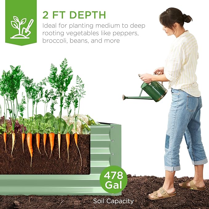 Best Choice Products 8x4x2ft Outdoor Metal Raised Garden Bed, Deep Root Planter Box for Vegetables, Herbs & Flowers, 478-Gallon Capacity, 100% Non Toxic Materials - Sage Green
