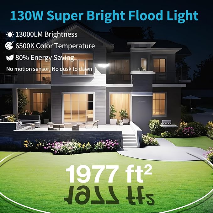 Olafus 130W Flood Light Outdoor, Switch Controlled 13000LM LED Security Light, IP65 Waterproof Outside Floodlight with 5 Adjustable Heads, 6500K Exterior Flood Light Fixture Wired, No Motion Sensor